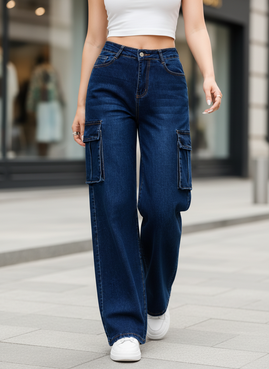 Pantalon de mezclilla estilo cargo SU0731