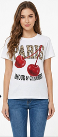 Playera de Algodón con Estampado Paris y Cerezas M-1055