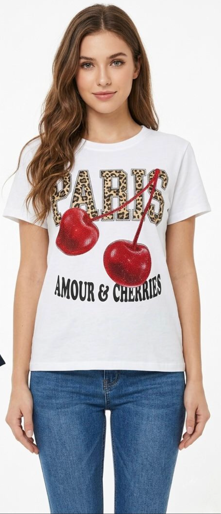 Playera de Algodón con Estampado Paris y Cerezas M-1055