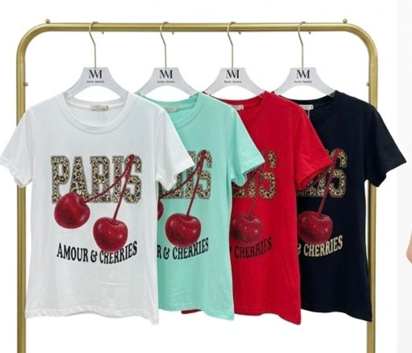 Playera de Algodón con Estampado Paris y Cerezas M-1055