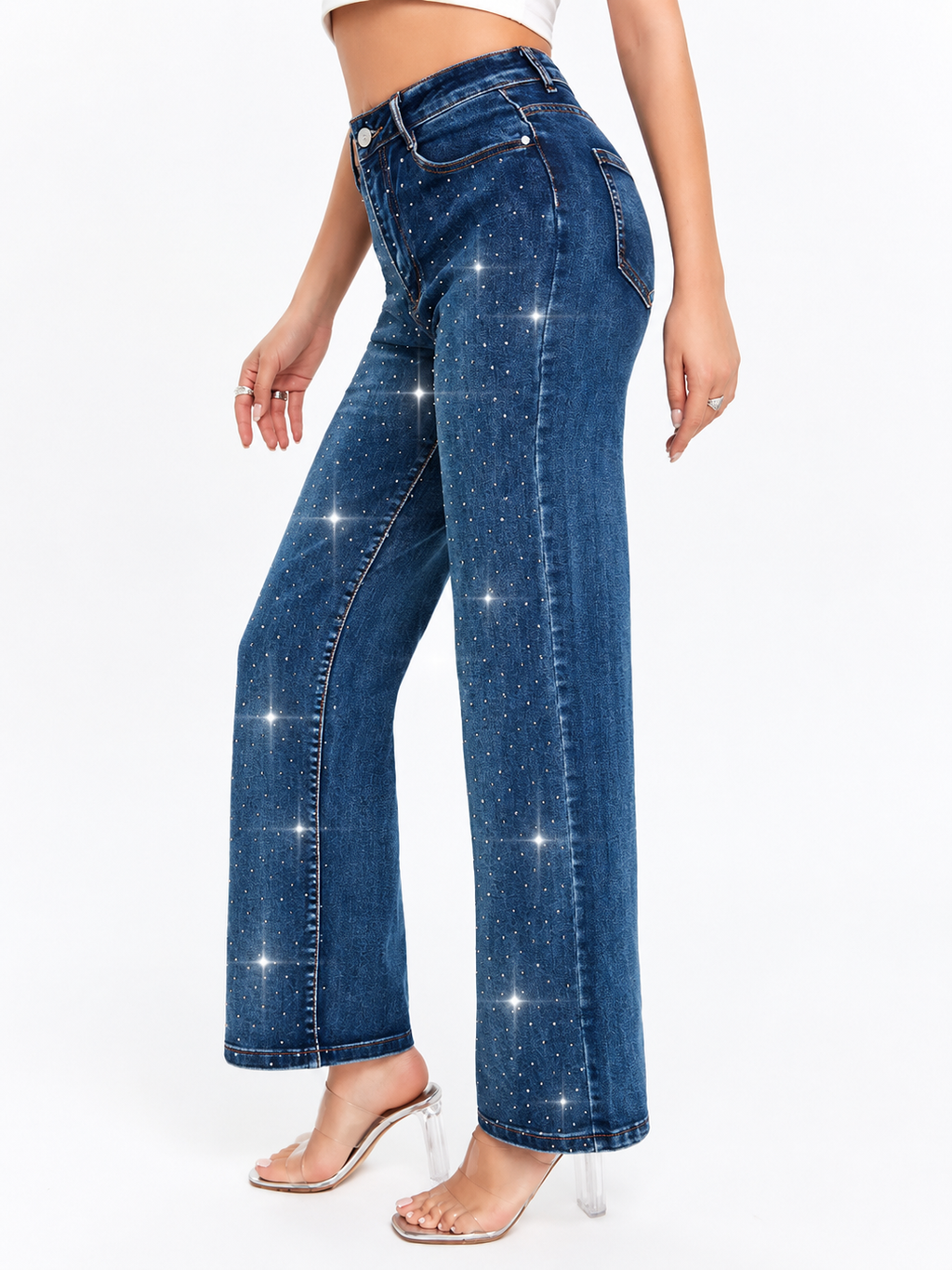 Pantalón de Mezclilla Tiro Alto con Brillos AM922