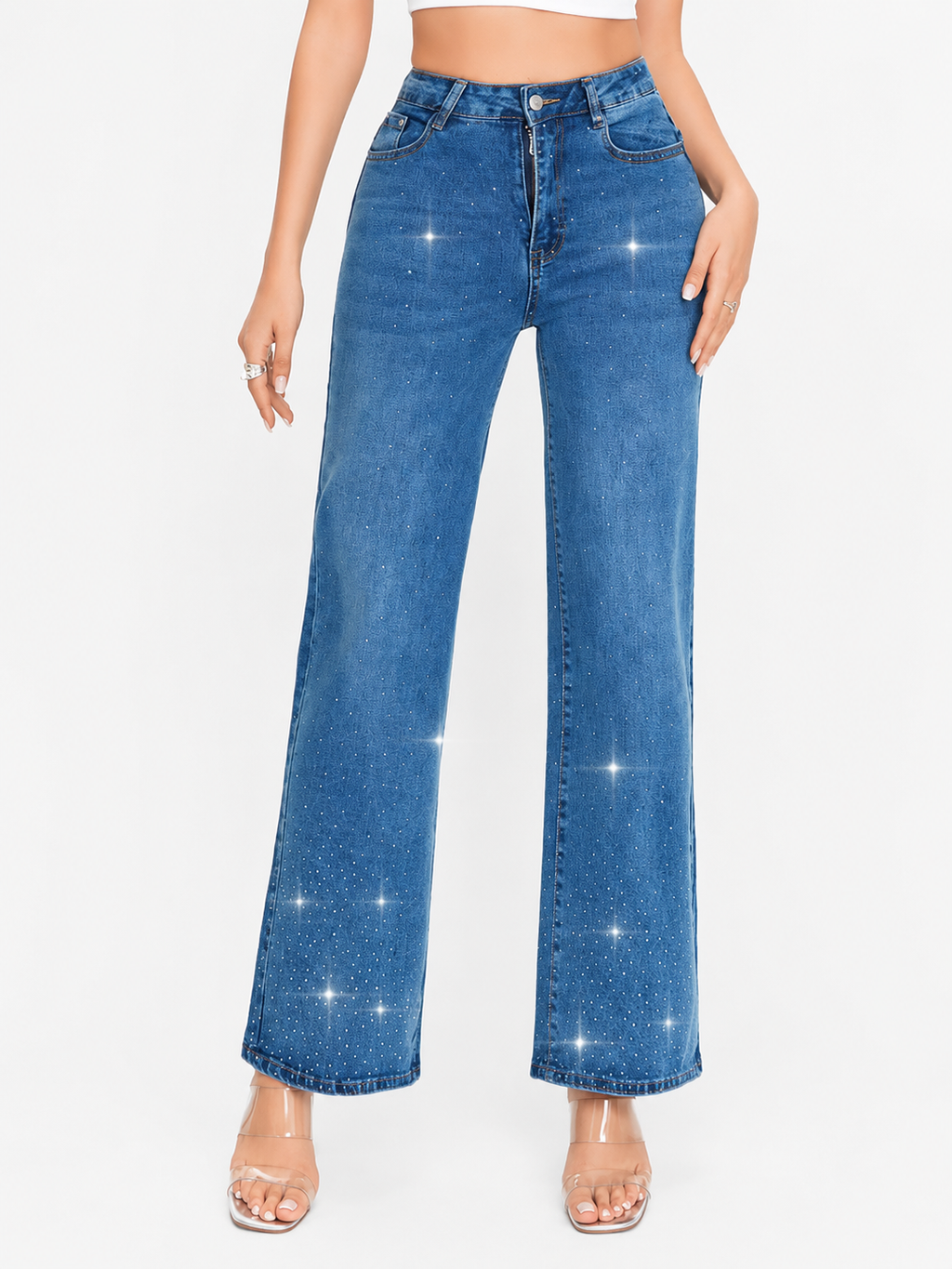 Pantalón de Mezclilla Tiro Alto con Brillos AM857