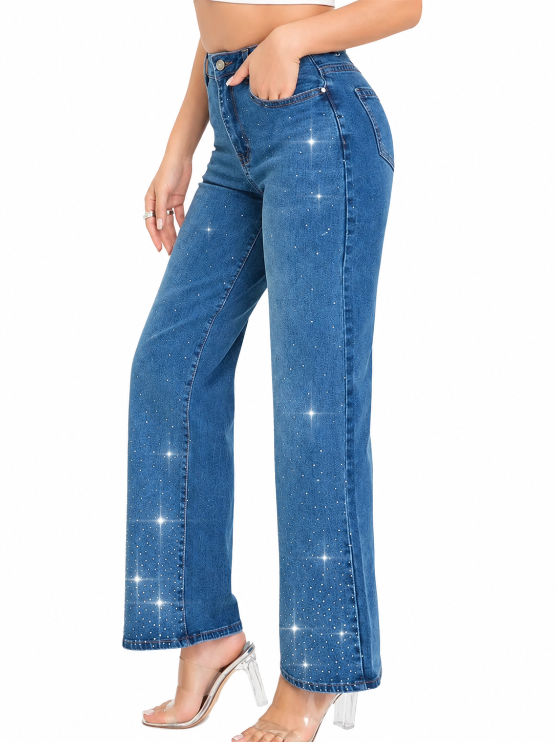Pantalón de Mezclilla Tiro Alto con Brillos AM857