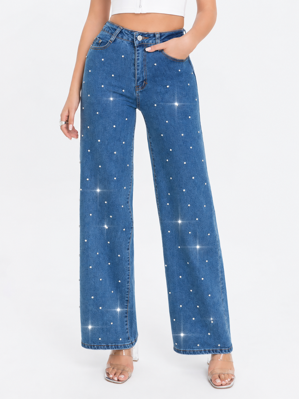 Pantalón de Mezclilla Tiro Alto con Perlas AM897
