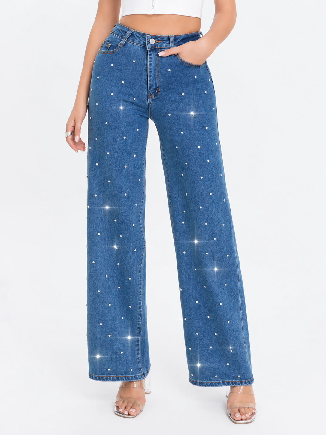 Pantalón de Mezclilla Tiro Alto con Perlas AM897