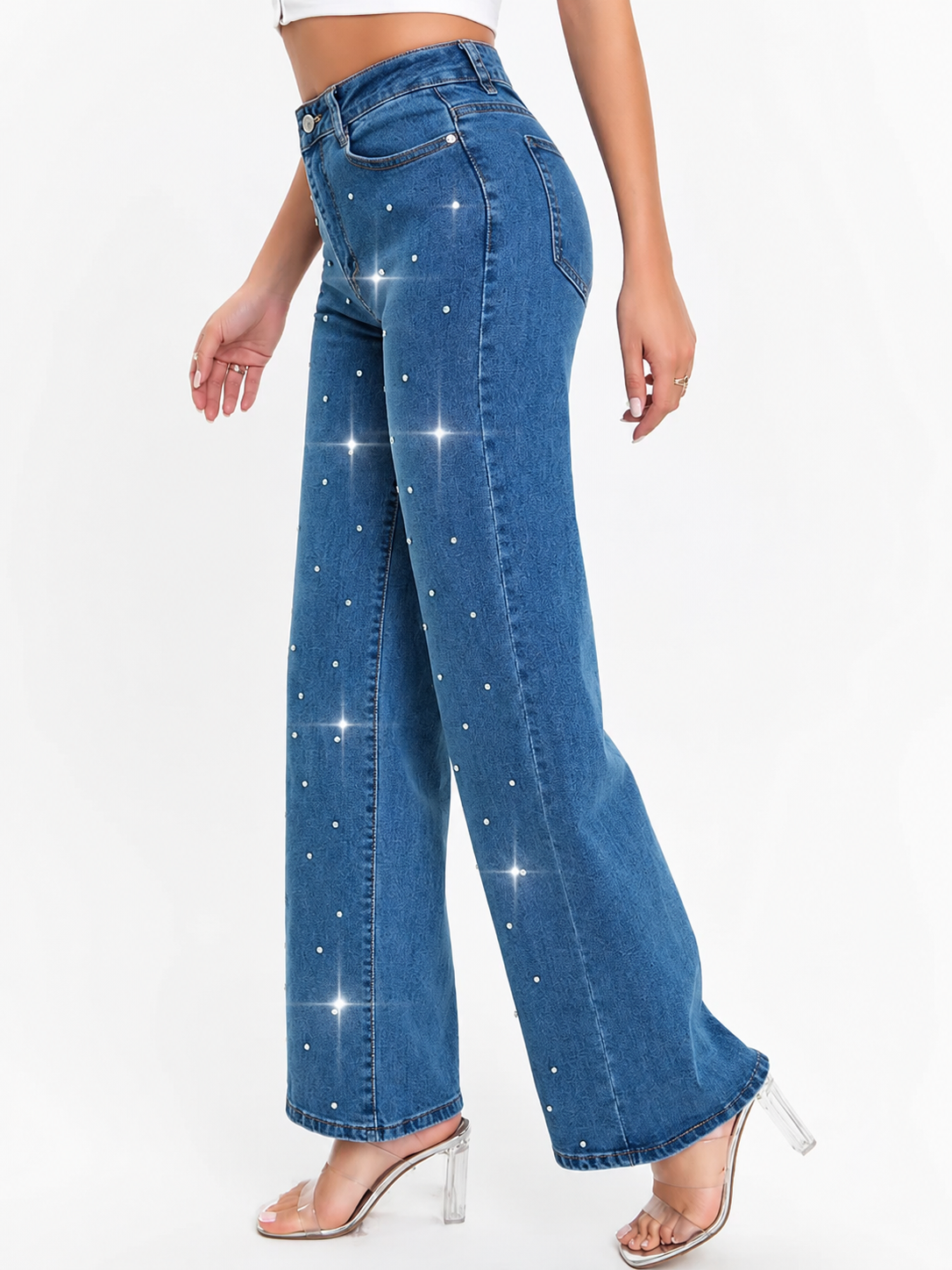 Pantalón de Mezclilla Tiro Alto con Perlas AM897
