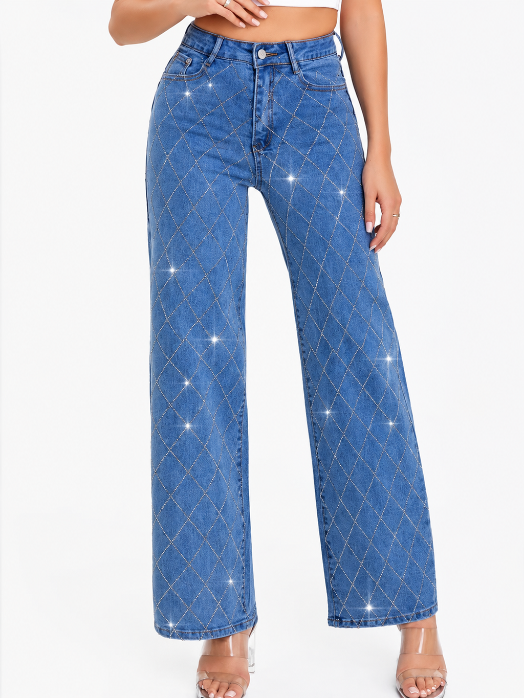 Pantalón de Mezclilla Tiro Alto con Rombos Brillantes AM850