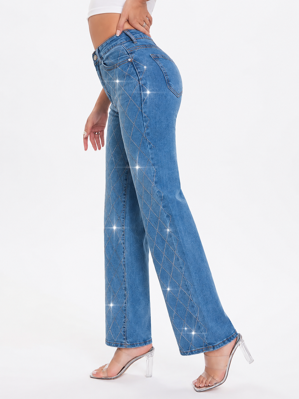 Pantalón de Mezclilla Tiro Alto con Rombos Brillantes AM850