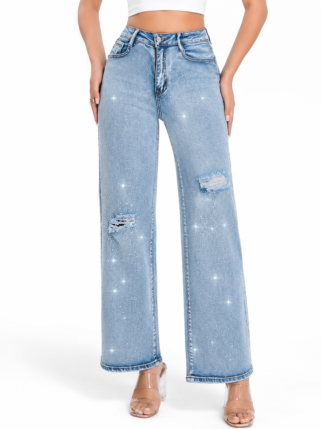 Pantalón de Mezclilla Tiro Alto Desgastado con Brillos AM811