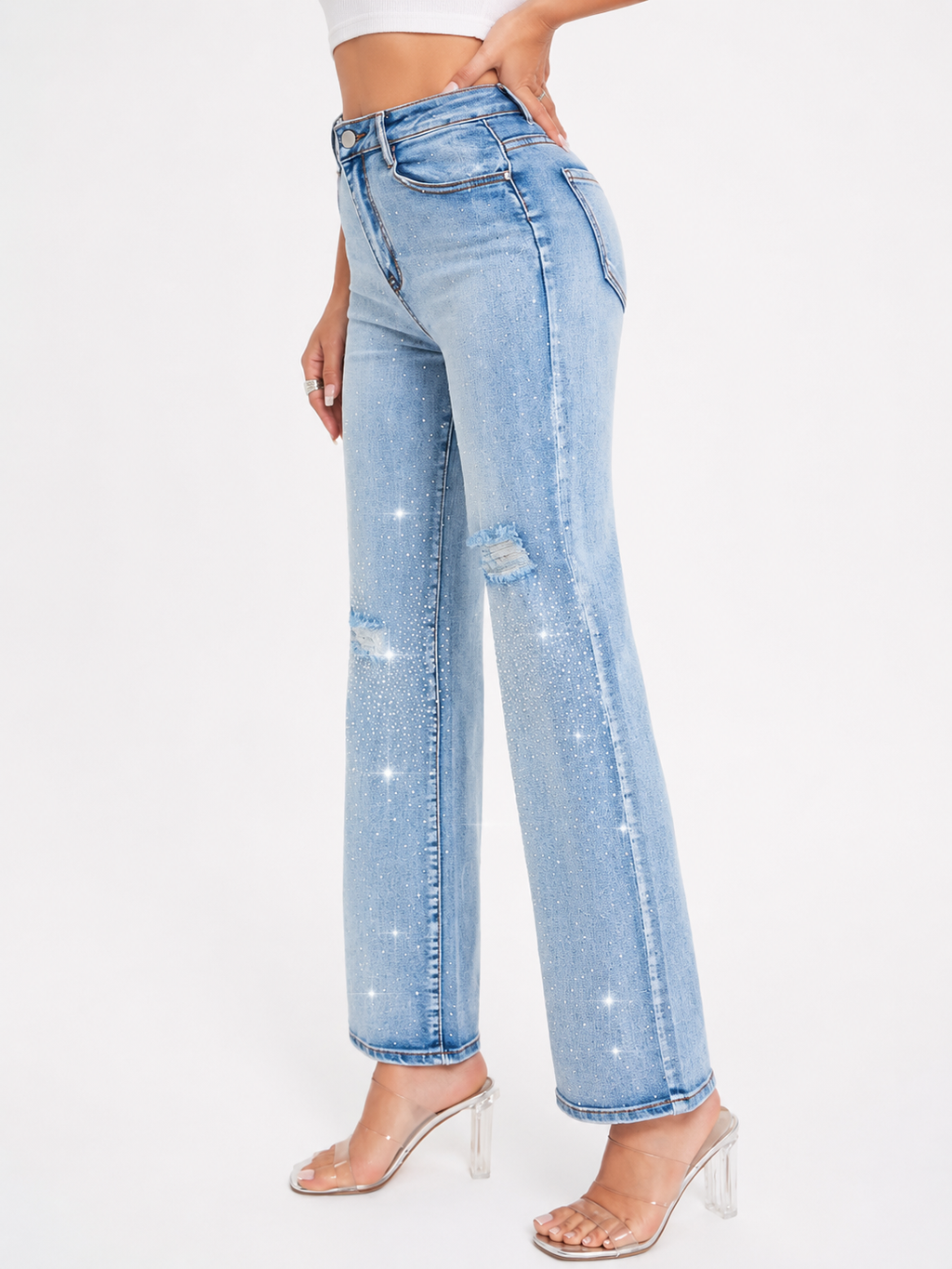 Pantalón de Mezclilla Tiro Alto Desgastado con Brillos AM811