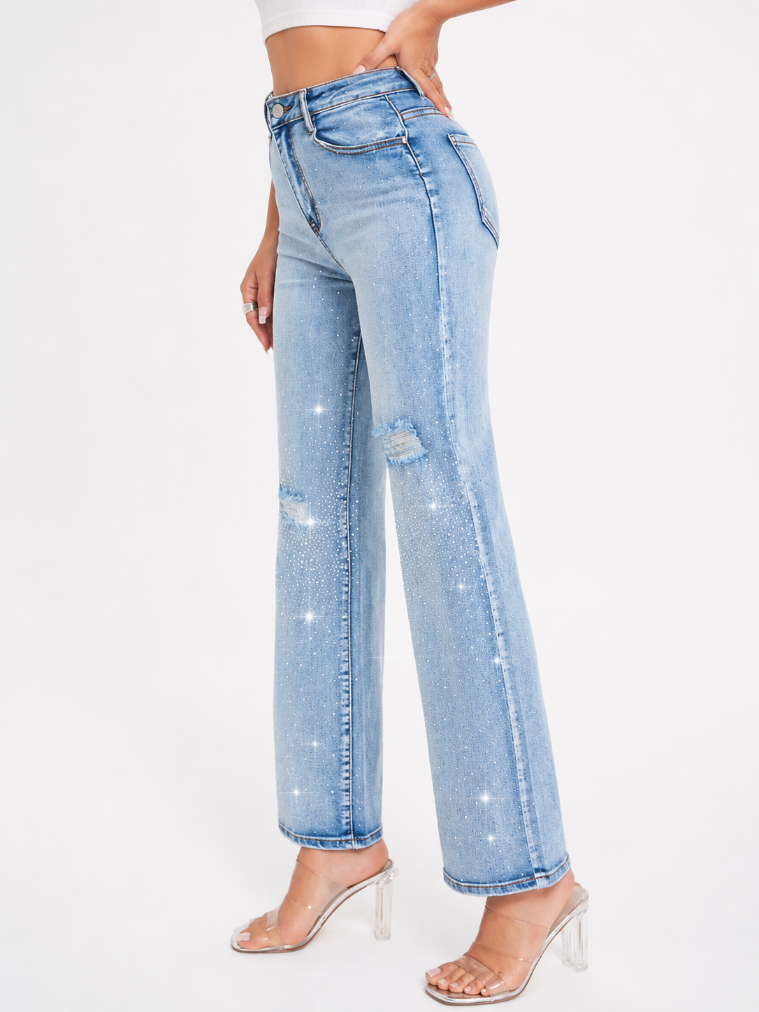 Pantalón de Mezclilla Tiro Alto Desgastado con Brillos AM811