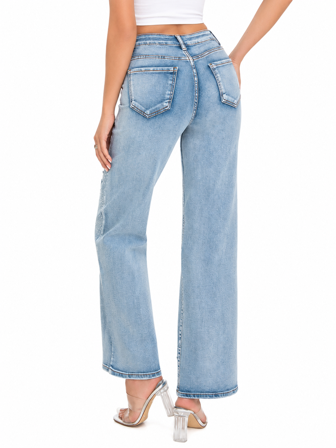 Pantalón de Mezclilla Tiro Alto Desgastado con Brillos AM811