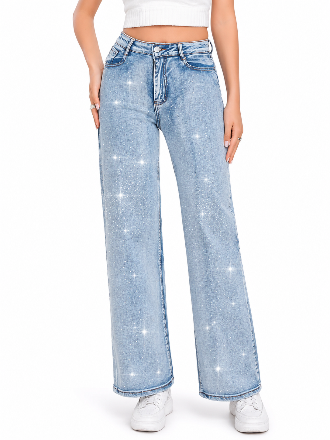 Pantalón de Mezclilla Clara Tiro Alto con Brillos AM903