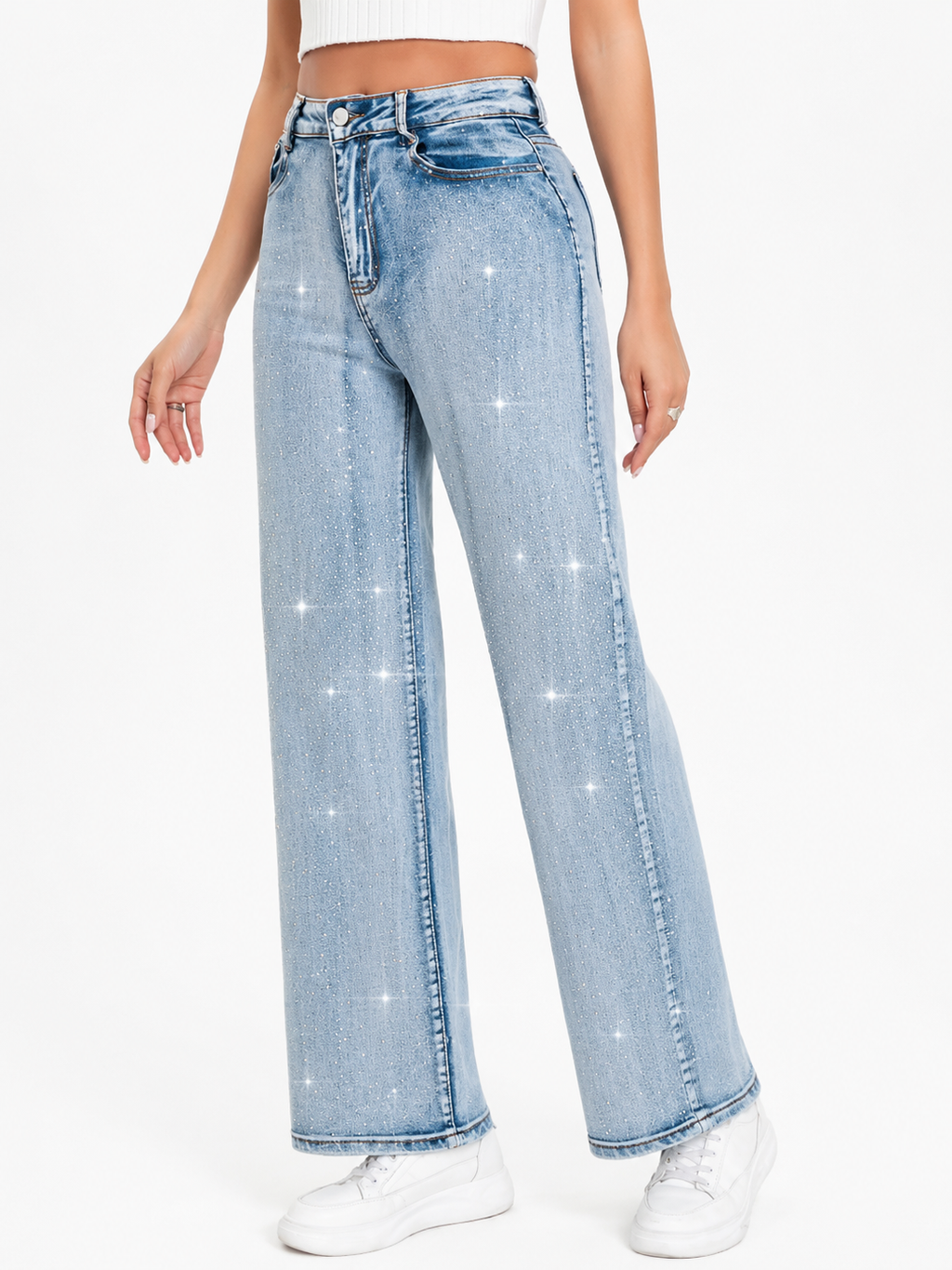 Pantalón de Mezclilla Clara Tiro Alto con Brillos AM903