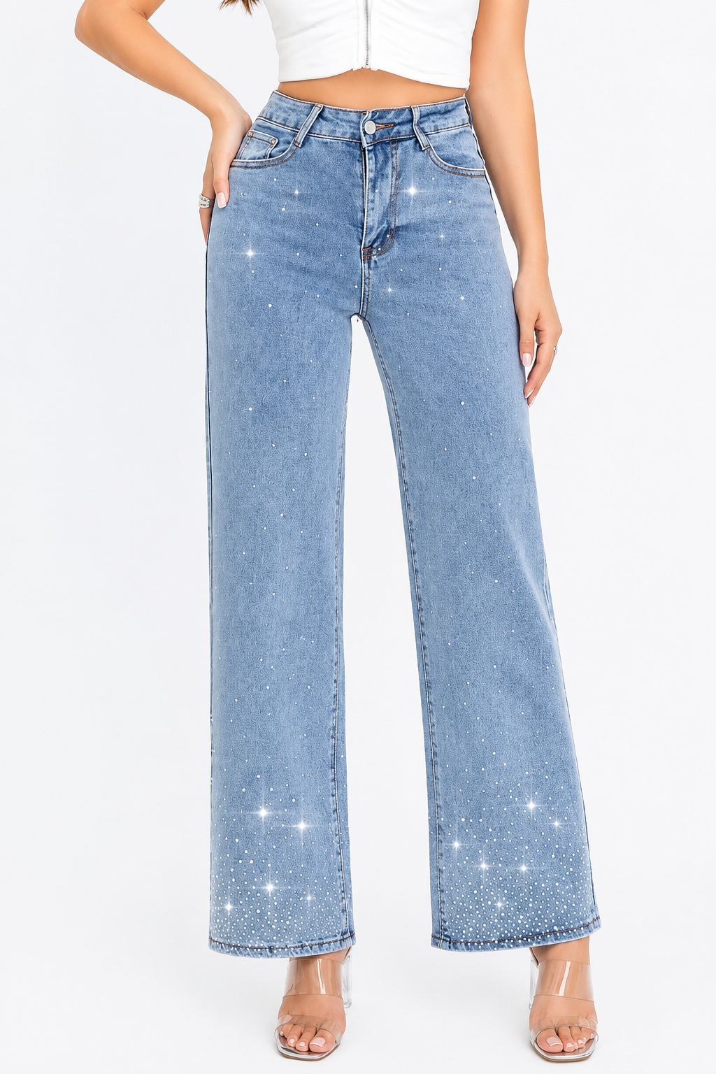Pantalón de Mezclilla Tiro Alto con Brillos AM829