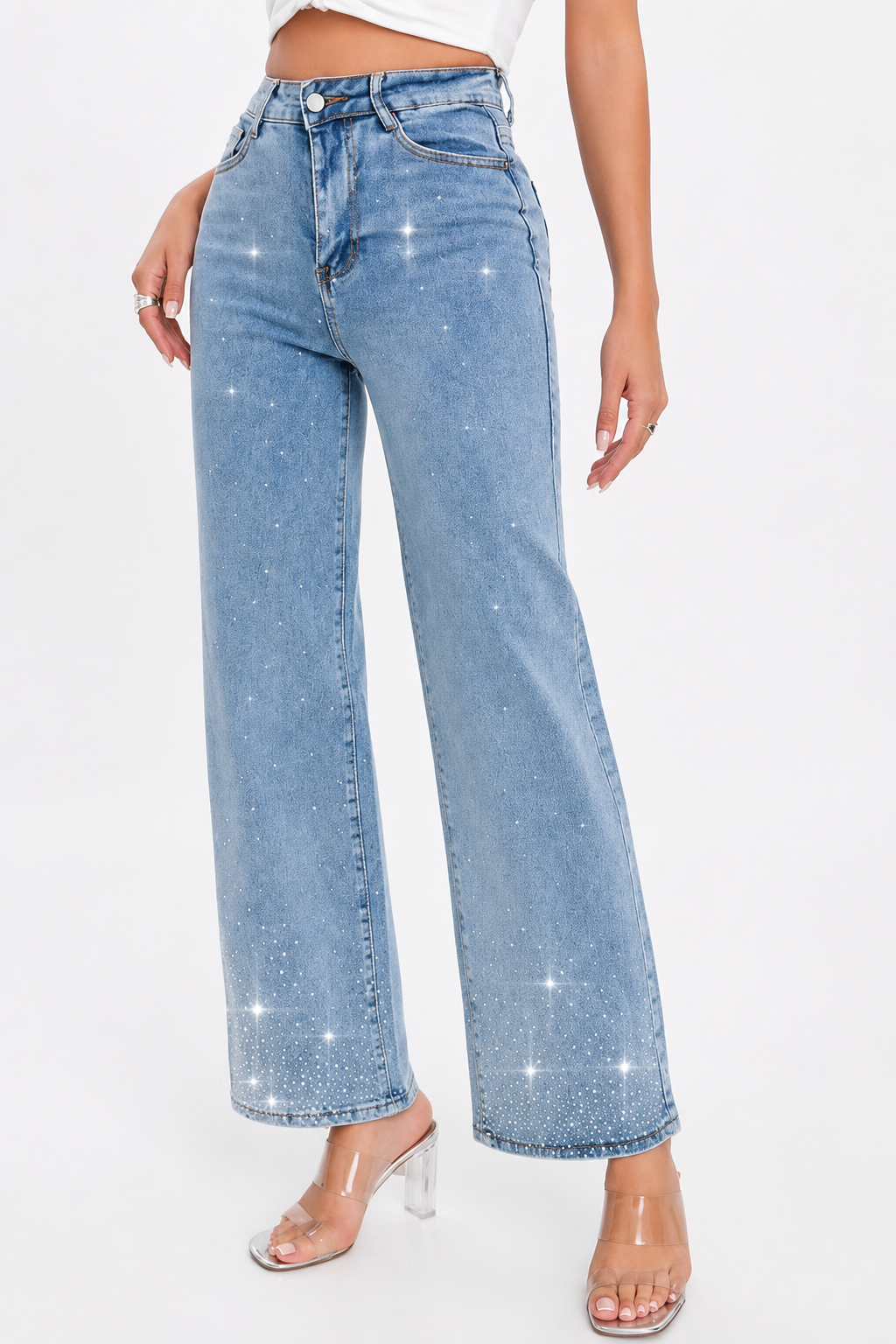 Pantalón de Mezclilla Tiro Alto con Brillos AM829