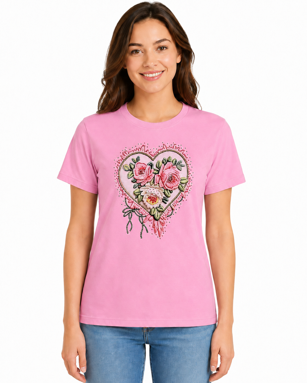 Playera de Algodón con Estampado de Corazón Floral YG7150