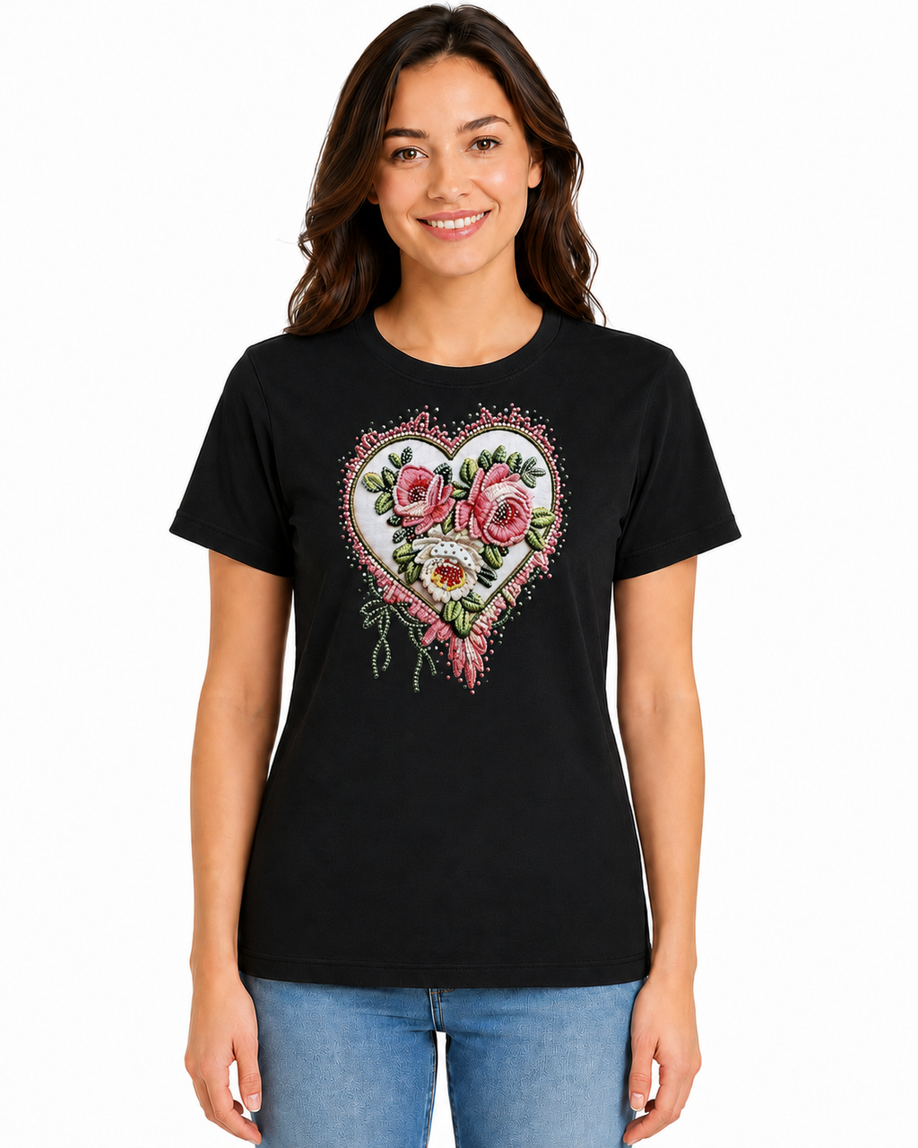 Playera de Algodón con Estampado de Corazón Floral YG7150