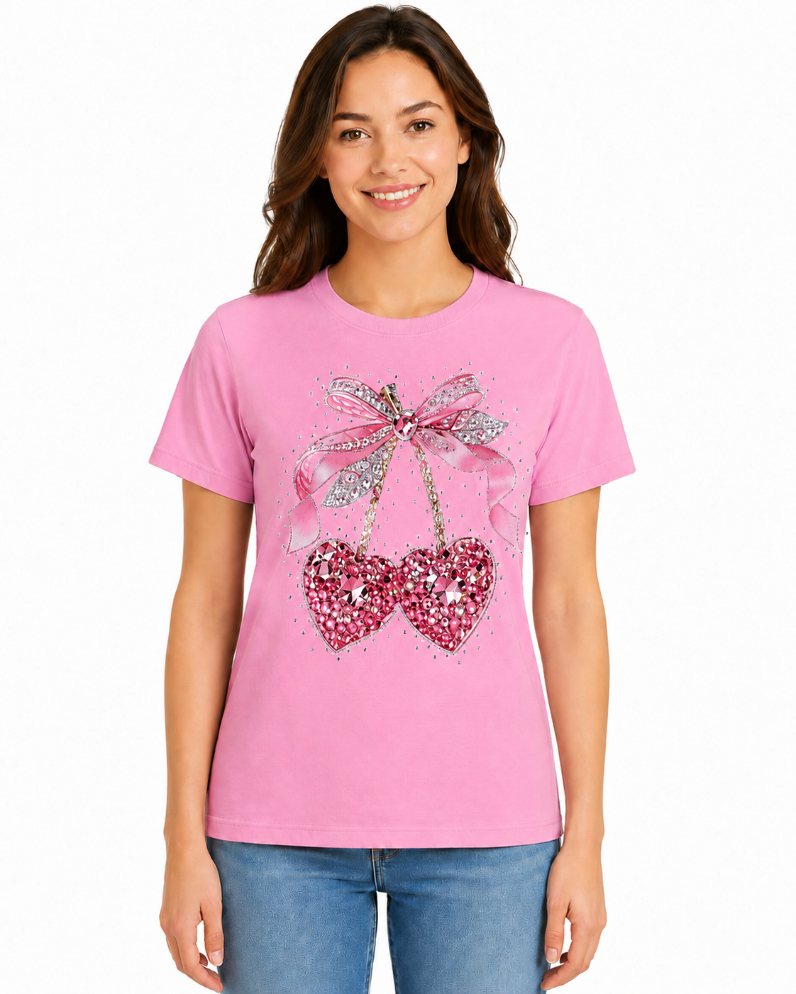 Playera de Algodón con Estampado de Corazones y Moño YG7133