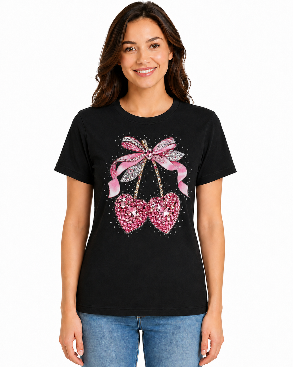 Playera de Algodón con Estampado de Corazones y Moño YG7133