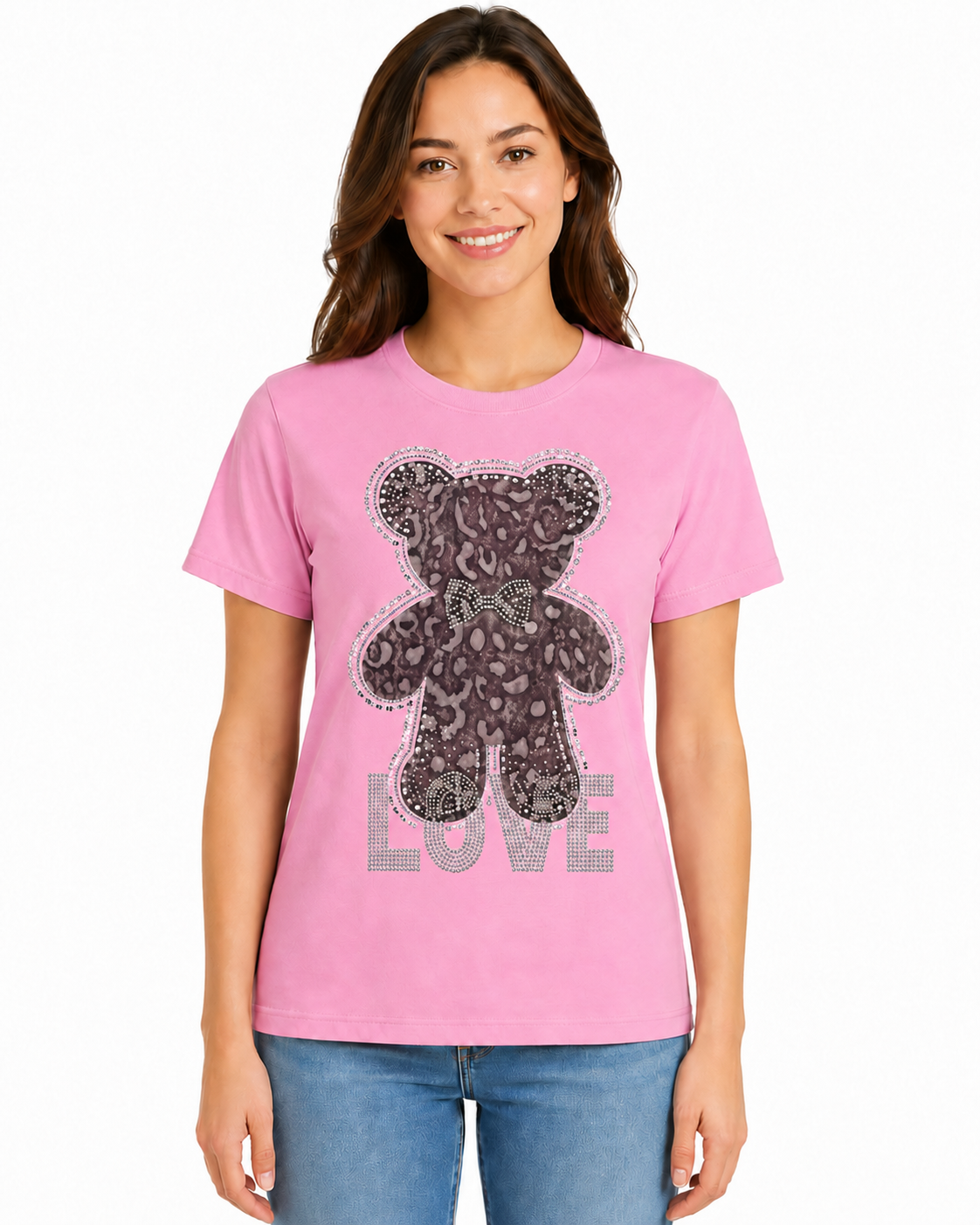 Playera de Algodón con Estampado de Oso y Brillos YG7120