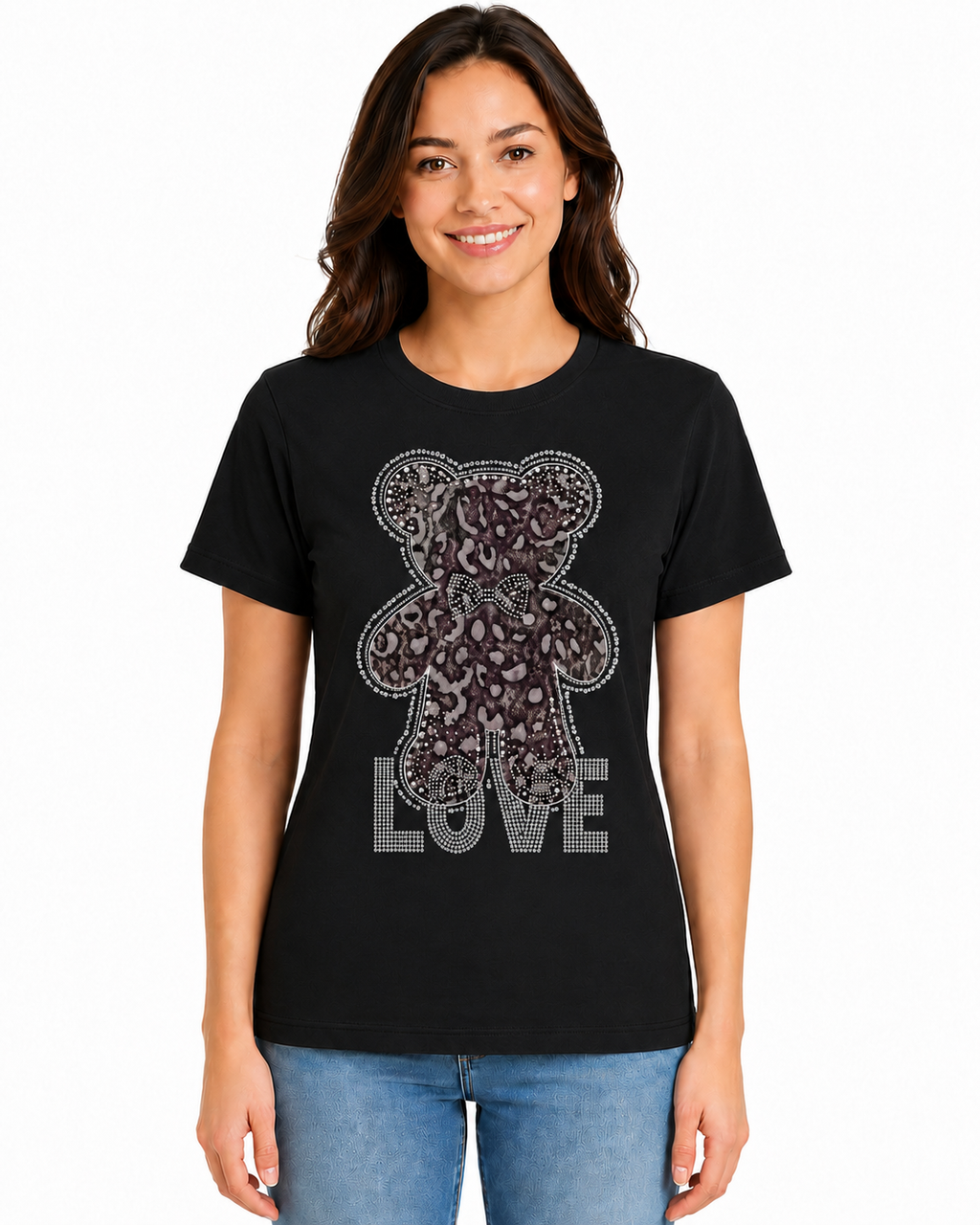 Playera de Algodón con Estampado de Oso y Brillos YG7120