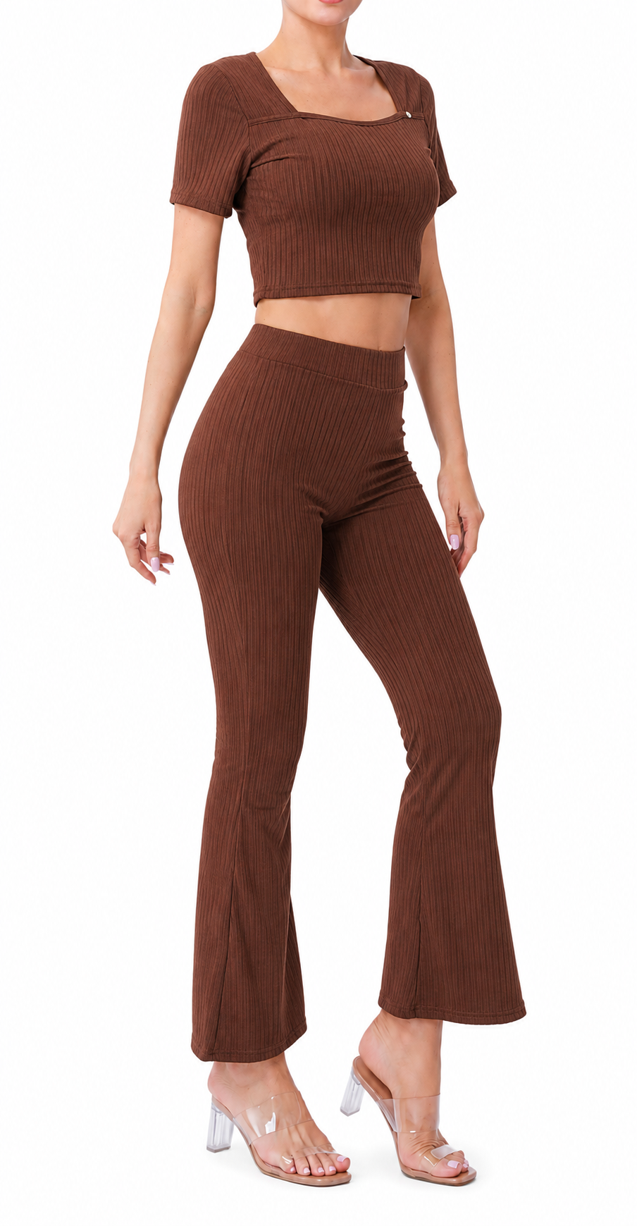 Conjunto Acanalado con Top y Pantalón Campana WFSET103