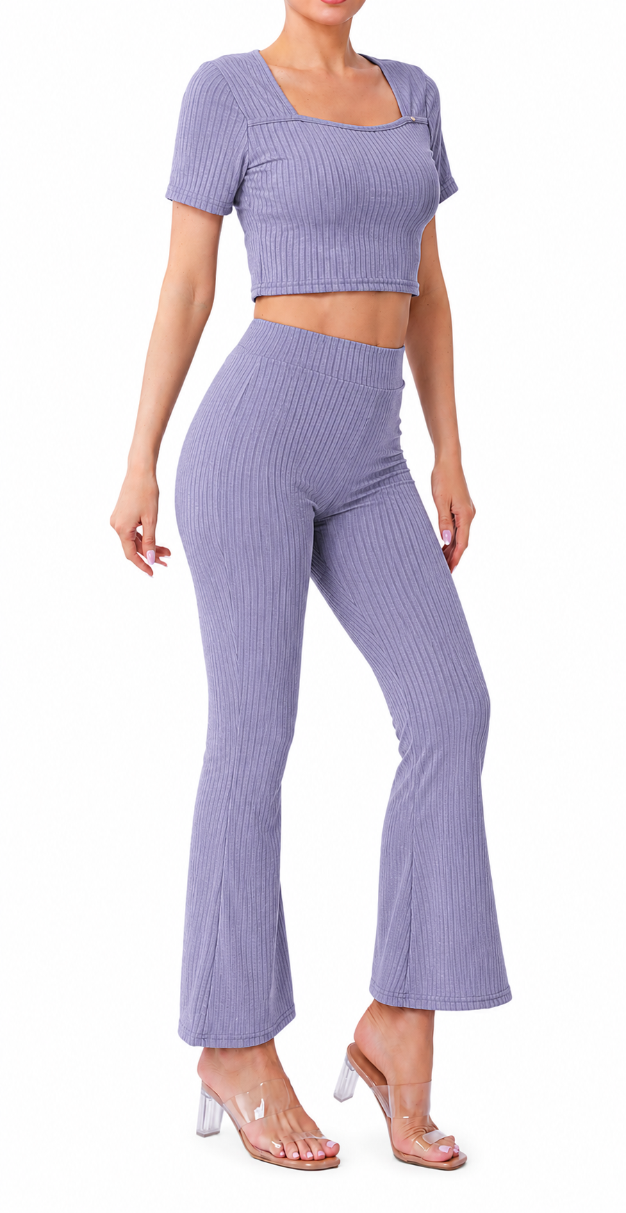 Conjunto Acanalado con Top y Pantalón Campana WFSET103