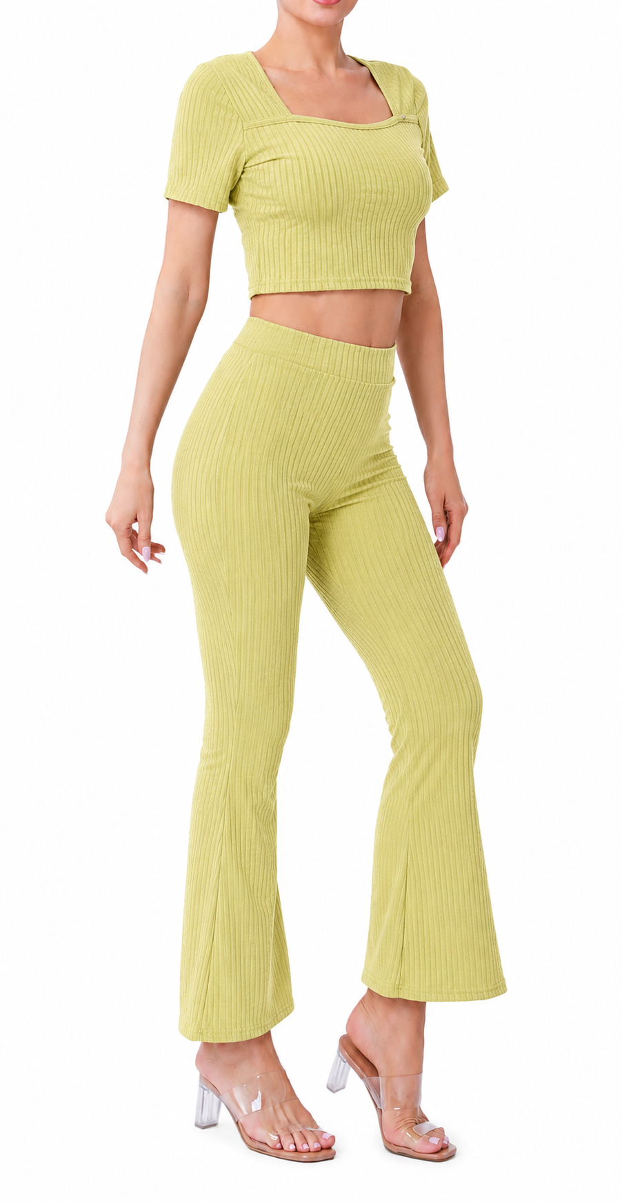 Conjunto Acanalado con Top y Pantalón Campana WFSET103