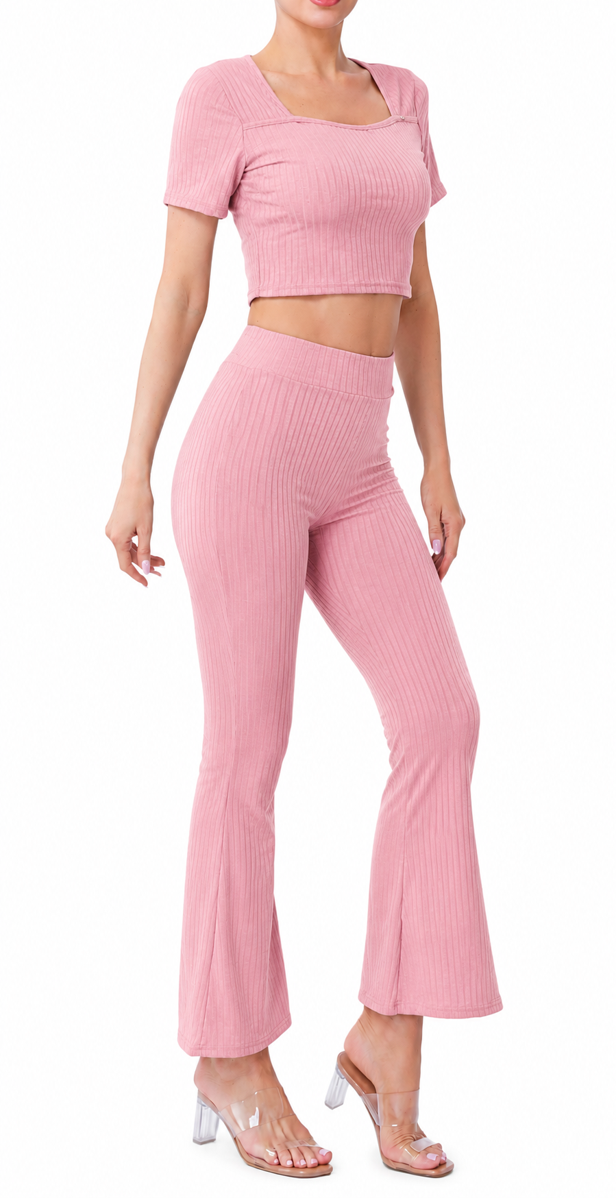 Conjunto Acanalado con Top y Pantalón Campana WFSET103
