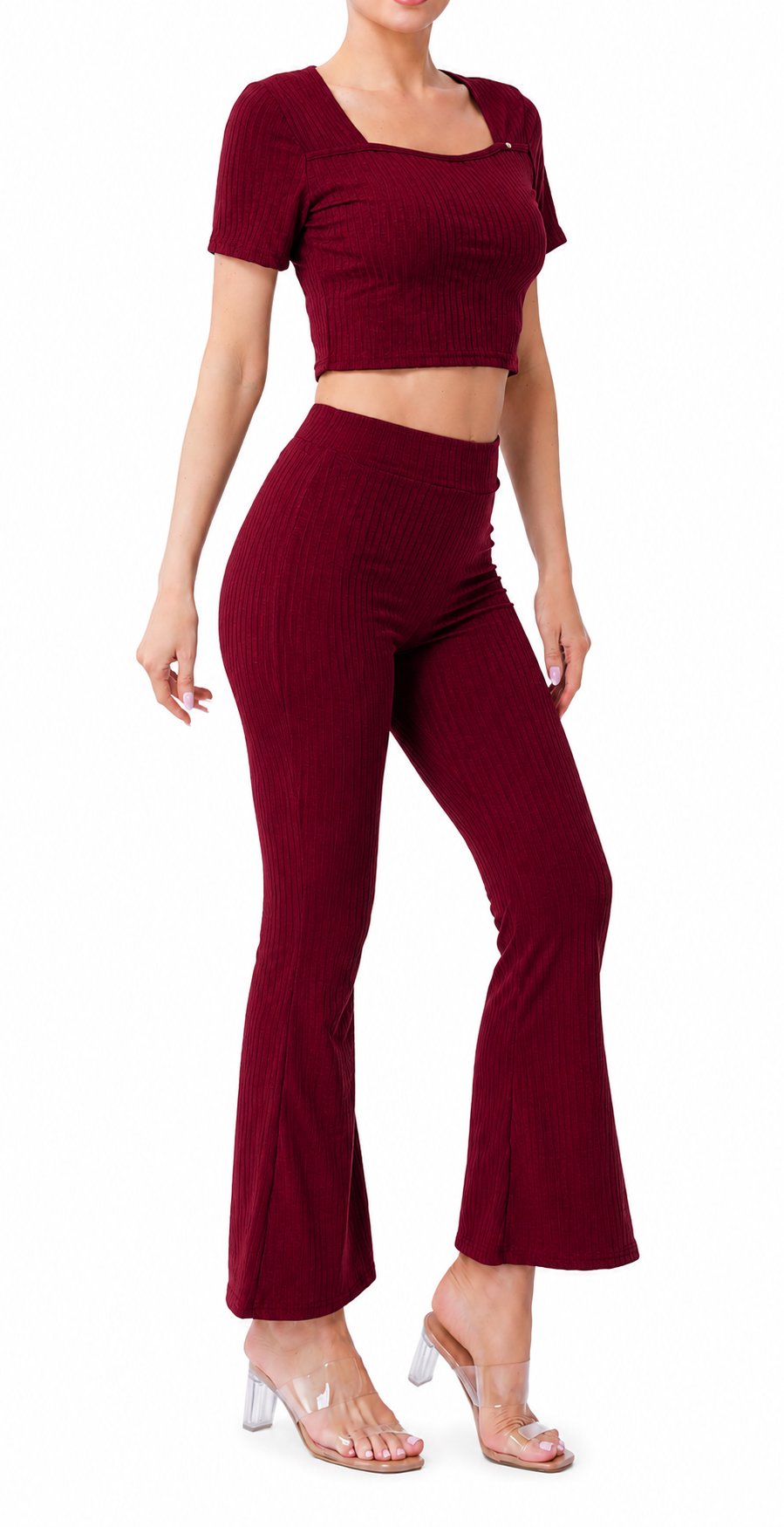 Conjunto Acanalado con Top y Pantalón Campana WFSET103