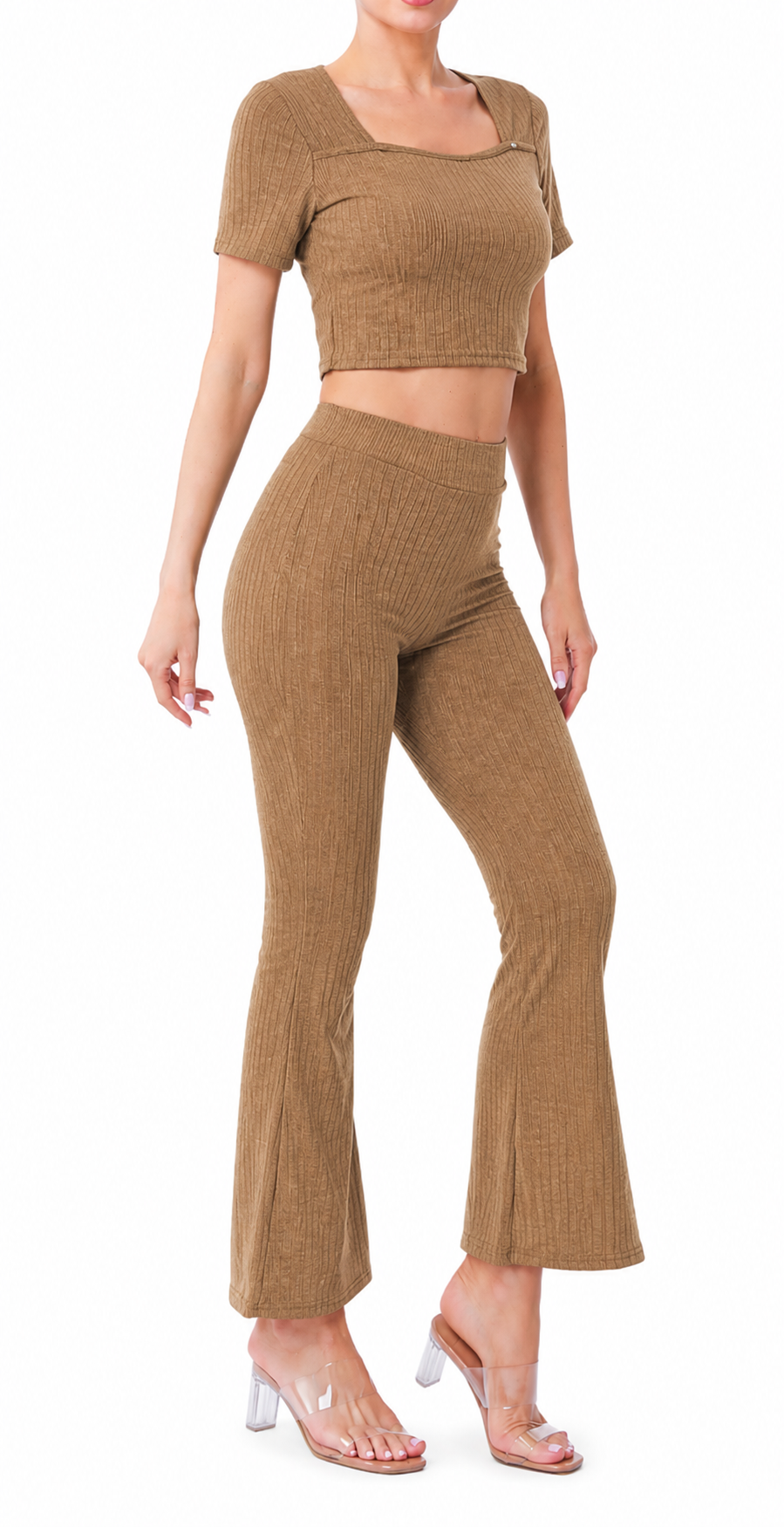Conjunto Acanalado con Top y Pantalón Campana WFSET103