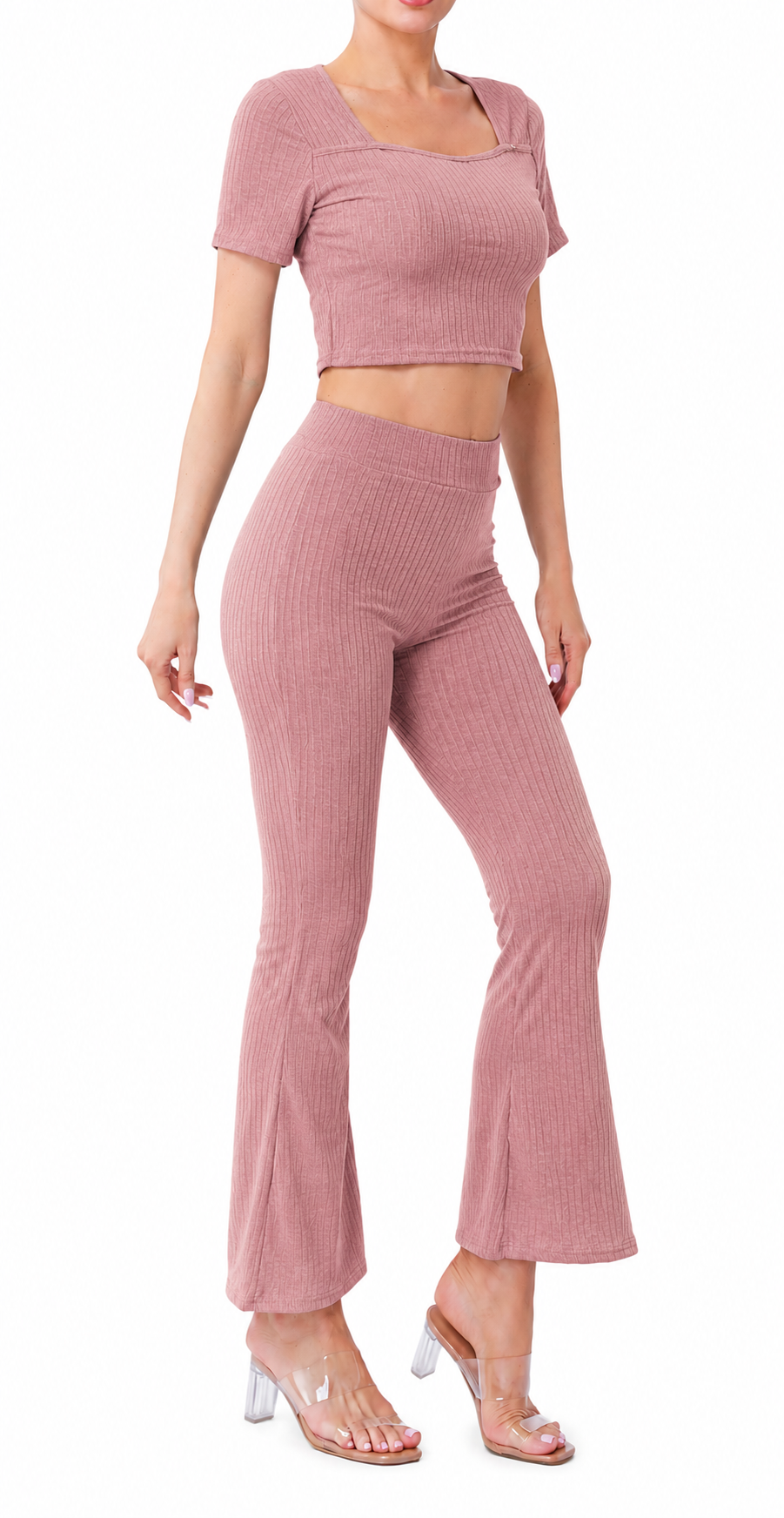 Conjunto Acanalado con Top y Pantalón Campana WFSET103